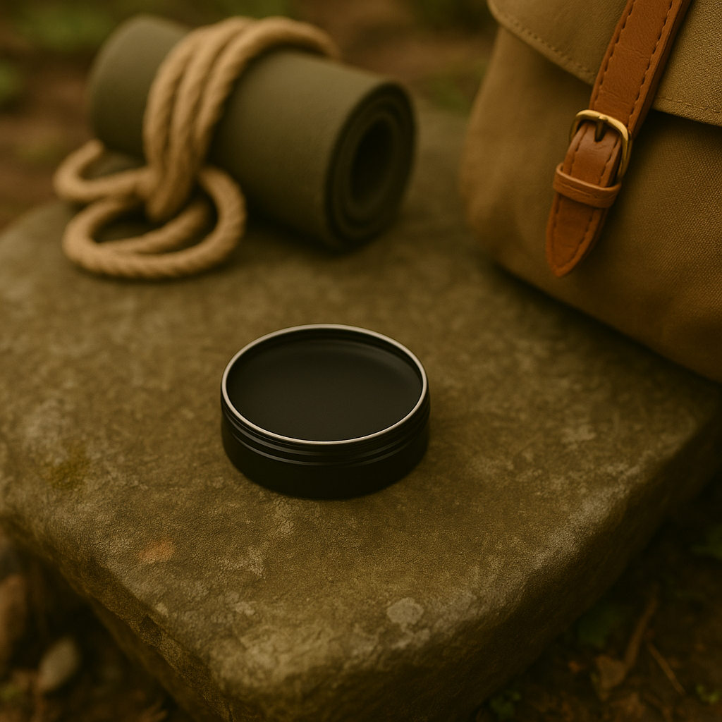 Black container on a stone surface with a rolled-up mat and backpack in the background