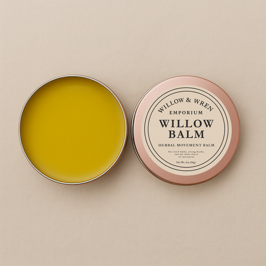 Willow & Wren Emporium Willow Balm with open lid on a beige background