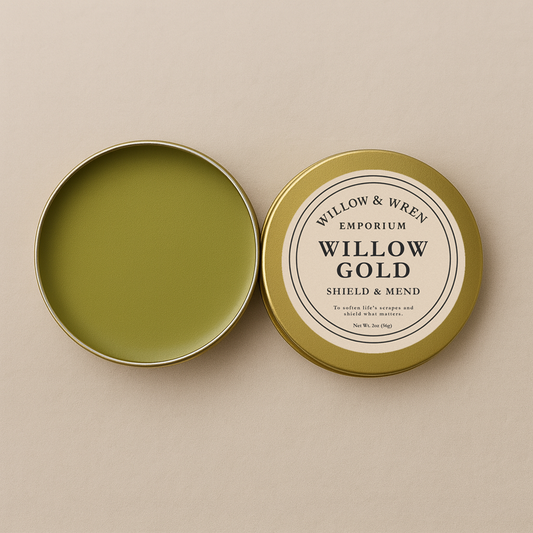 Open tin labeled 'Willow & Wren Emporium Willow Gold' on a beige background