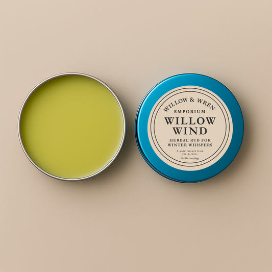Open tin of green herbal rub with blue lid labeled 'Willow & Wren' on a beige background