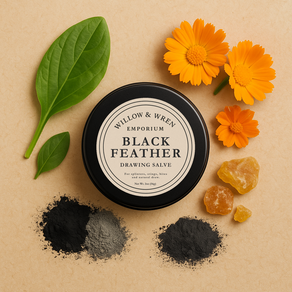 Black Feather drawing salve container with natural ingredients on a beige background