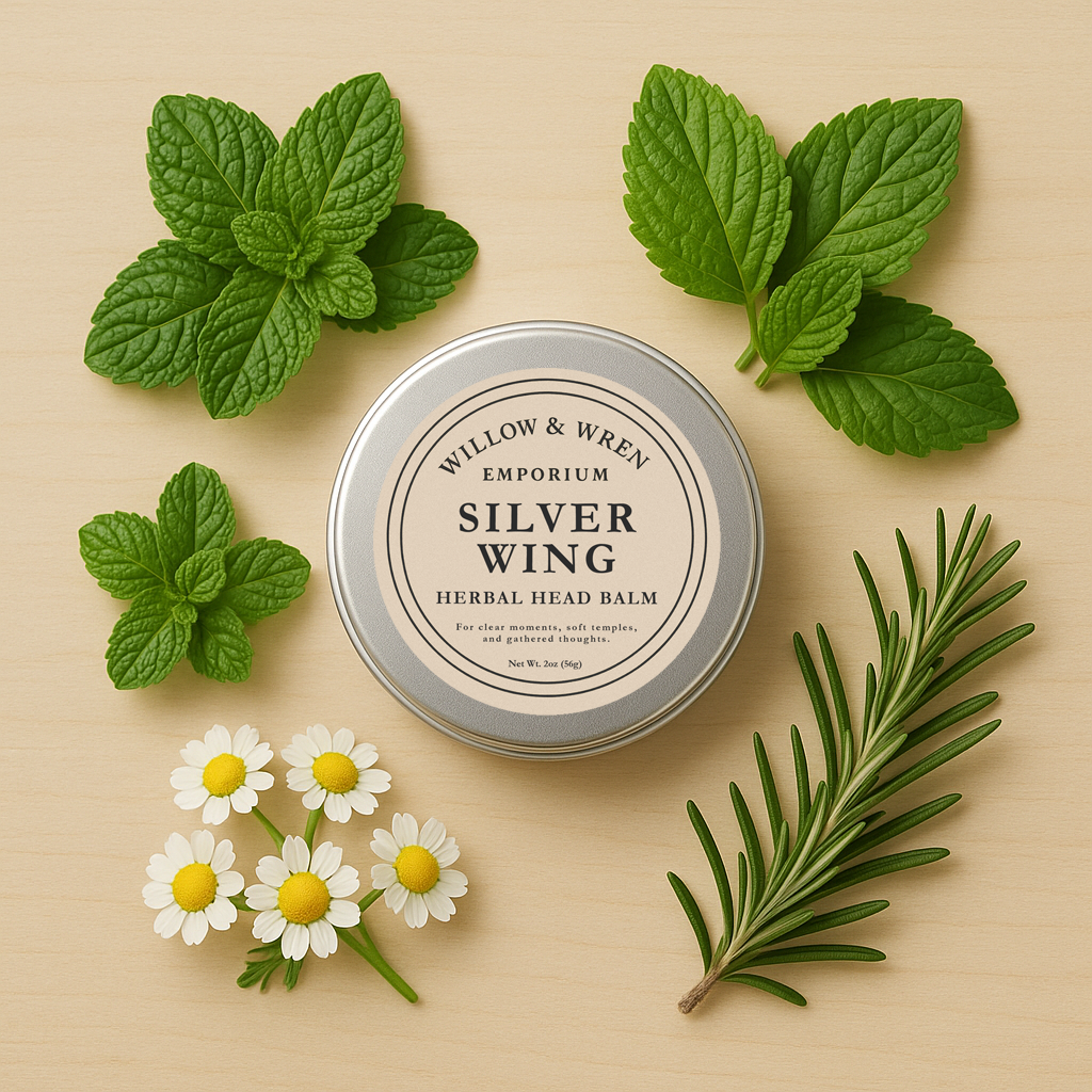 Silver tin labeled 'Willow & Wren Emporium Silver Wing Herbal Head Balm' surrounded by green leaves and white flowers on a beige background.
