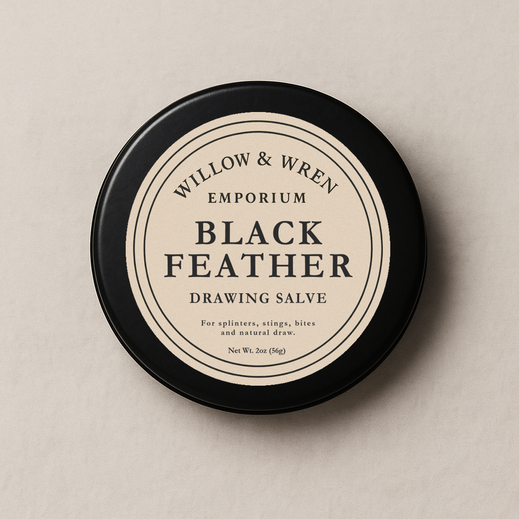 Round tin of 'Black Feather Drawing Salve' by Willow & Wren on a beige background