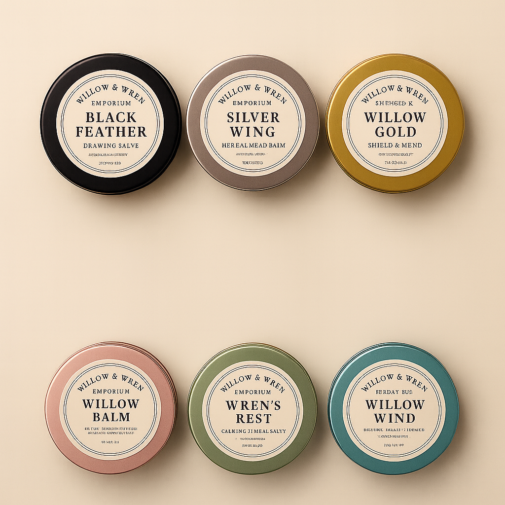 Set of six tins labeled 'Willow & Wren' in various colors on a beige background