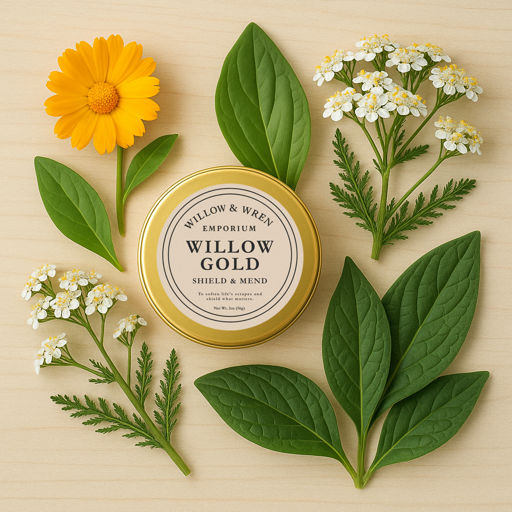 Tin labeled 'Willow & Wren Emporium Willow Gold' surrounded by flowers and leaves on a beige background