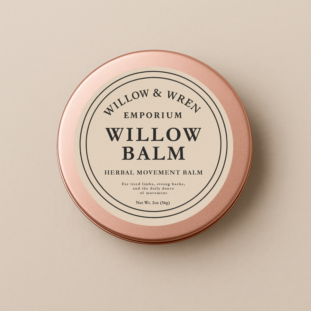 Round tin of Willow & Wren Emporium Willow Balm on a beige background