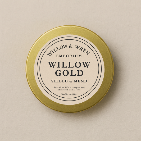 Round tin labeled 'Willow & Wren Emporium Willow Gold' on a beige background
