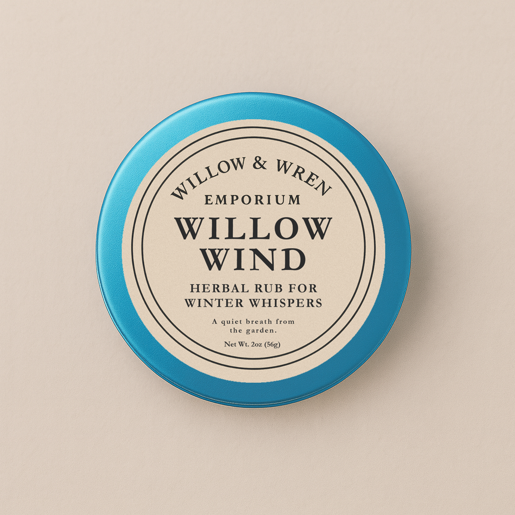 Tin labeled 'Willow & Wren Emporium Willow Wind Herbal Rub for Winter Whispers' on a beige background