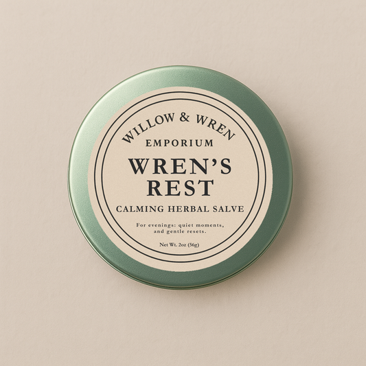 Tin of Wren's Rest Calming Herbal Salve from Willow & Wren Emporium on a beige background