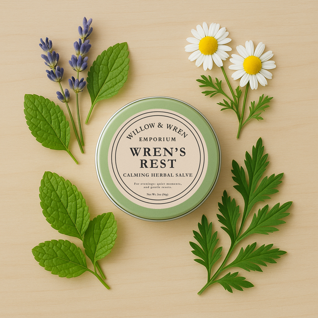 Wren's Rest calming herbal salve tin surrounded by herbs and flowers on a beige background